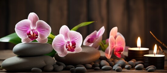 Spa concept featuring massage stones, towels, candles, and a natural background with copy space...