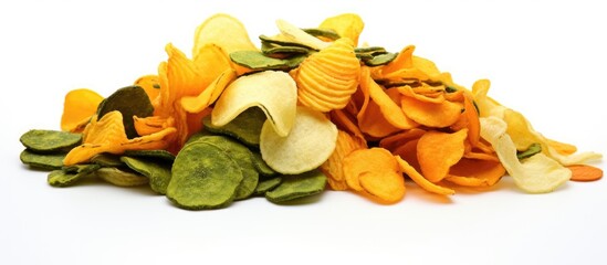 Organic diet food of healthy homemade dried vegetables, a mix of vegetable chips on a black background, portraying the concept of healthy food with a copy space image.