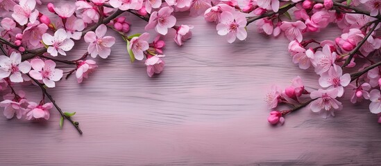 Spring blossoms art captured against a rustic wooden backdrop with ample copy space image.