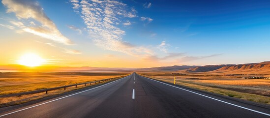 A serene empty mountain road stretches into the horizon on a sunny summer day with a bright sunset, showcasing a speed motion blur effect against a scenic backdrop with copy space image.