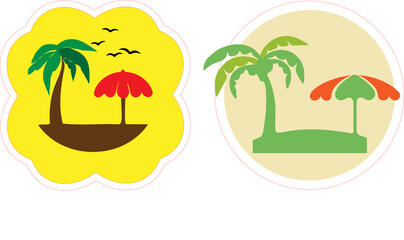 Two tropical themed stickers with palm trees and umbrellas