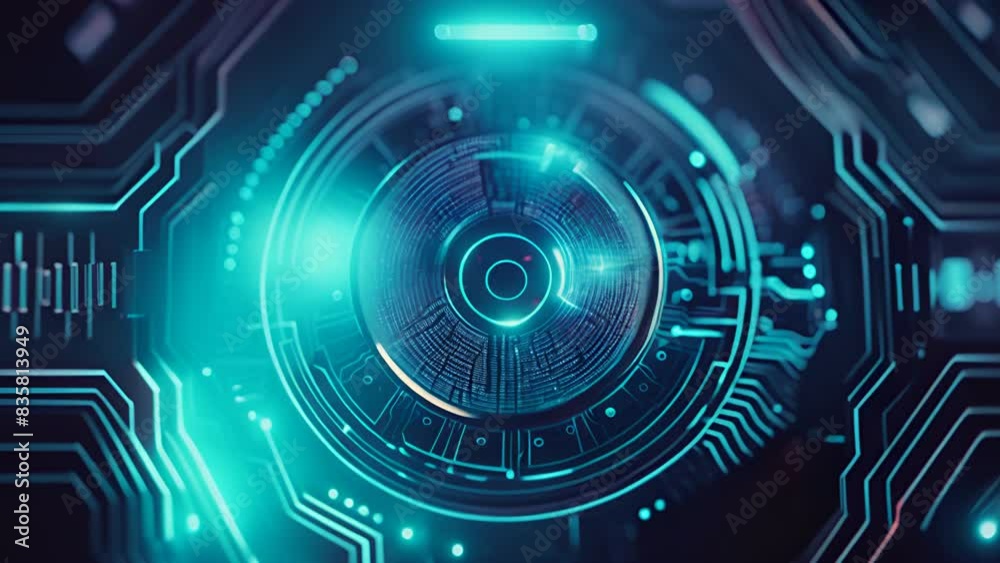 Poster Animated padlock with fingerprint icon on cyber security network technology background.