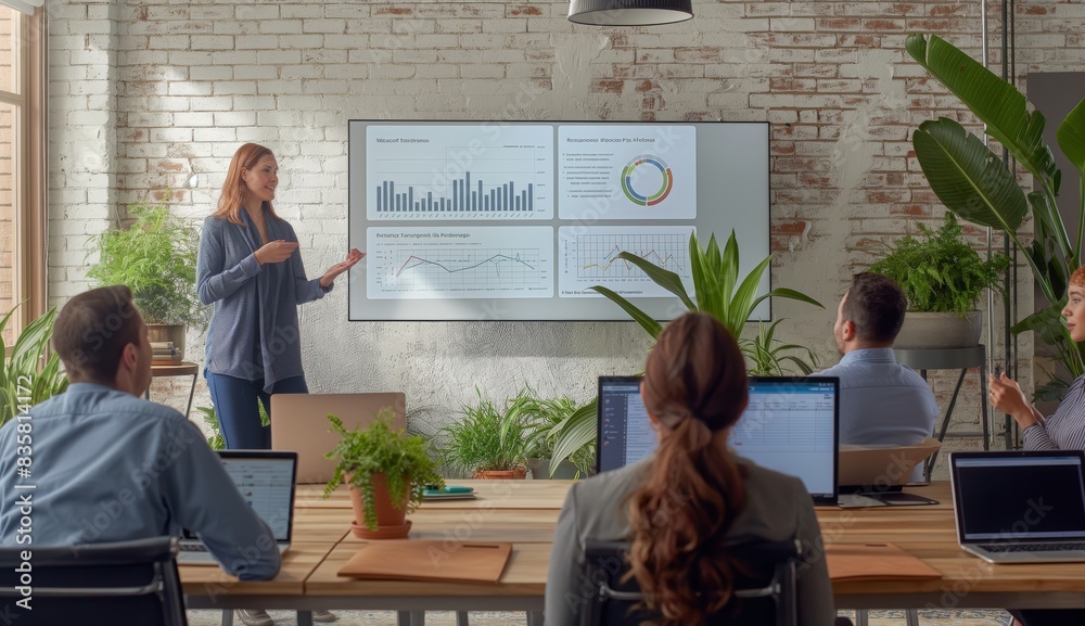 Poster In a modern office, a collaborative team meeting occurs during a business presentation. The team uses charts and graphs to analyze a project and improve their discussion and decisionmaking