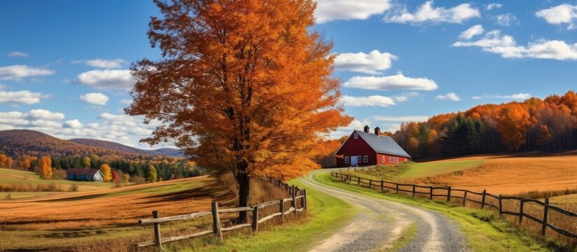 Vermont countryside featuring an old barn encircled by autumn leaves, with abundant copy space image.
