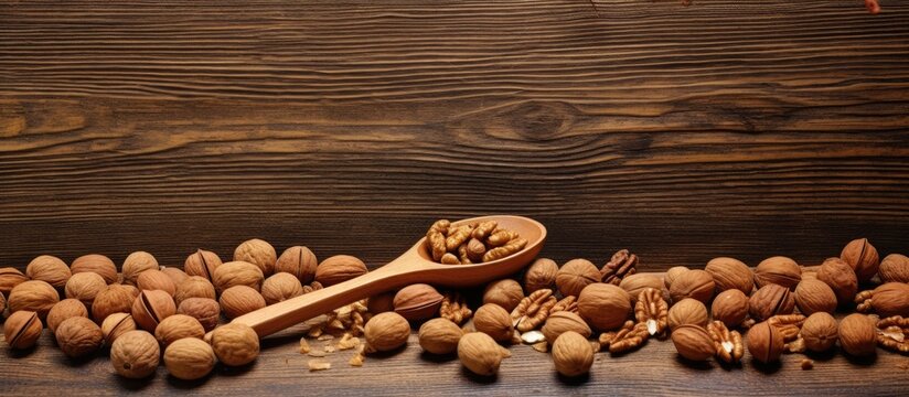 Assorted nuts adding variety and flavor to any dish with diverse textures. Copy space image. Place for adding text and design