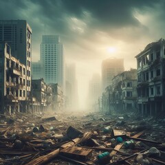 An abandoned city after a hurricane: Destroyed houses, fallen trees, littered streets. The sky is...