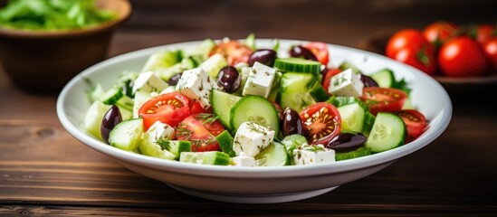 Top-down view of a classic Greek salad in a ceramic dish on a white backdrop, with fresh veggies, feta, olives, and greens; perfect for copy space image.