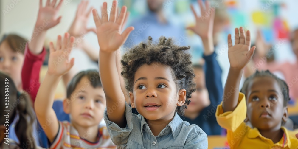Poster in a bright classroom, a diverse group of school children is actively engaged in interactive learnin