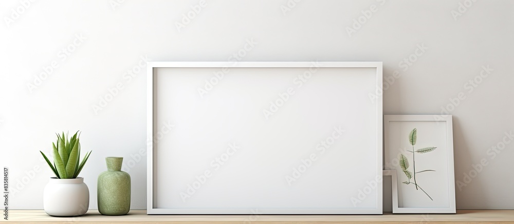 Poster white-frame mockup and dry twigs in a vase placed on a bookshelf or desk, with a white color scheme 