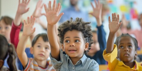 In a bright classroom, a diverse group of school children is actively engaged in interactive learning, studies, and raising hands. They are enthusiastic and in an academic and educational environment