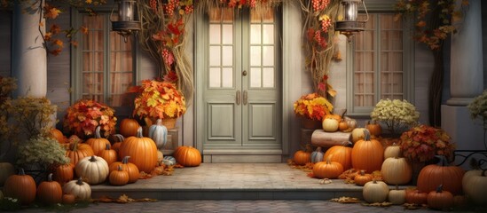 A festive autumn wreath featuring pumpkins, sunflowers, and maple leaves hangs on a wooden door, providing a warm welcome with a copy space image. - Powered by Adobe