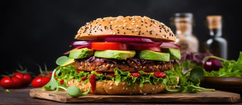 Vegan rye burger with fresh vegetables on a rustic wooden background, ideal for promoting healthy eating, with empty space for text or logos in the image. Copy space image