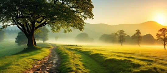Tranquil rural summer landscape with green trees and a dirt road at sunrise. Charming scenery featuring blooming trees and plants in the sunny spring morning with copy space image.