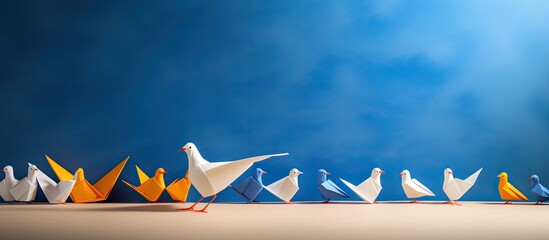 A paper dove folded in origami on a blue backdrop featuring a peaceful or liberating theme, providing room for text or pictures in the image. Copy space image. Place for adding text and design