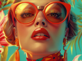 Fototapeta premium Retro style pastel colors summer background. Fashion woman wearing big sunglasses.