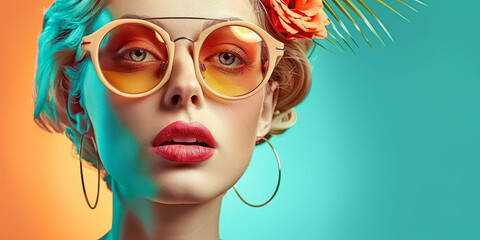 Obraz premium Retro style pastel colors summer background. Fashion woman wearing big sunglasses.