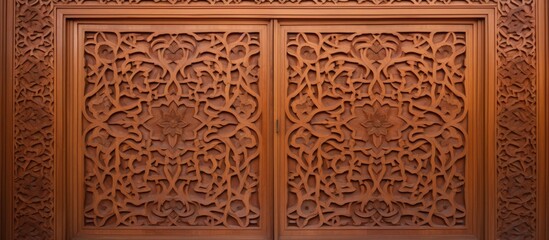 Wooden panel intricately carved with an Islamic design, featuring delicate craftsmanship and a...
