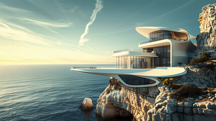 Modern architecture in nature, house built in cliffs on rocky coast with ocean view, mansion, background