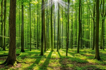 Obraz premium Lush Green Forest with Sunlight Filtering Through Tall Trees