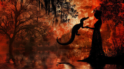 Obraz premium Bold woman showcases strength holding an alligator in elegant silhouette.
