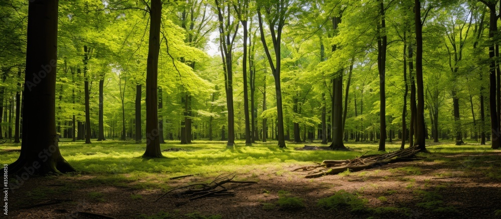 Sticker Lush spring forest with sunlight filtering through the canopy, creating a serene atmosphere for a copy space image.