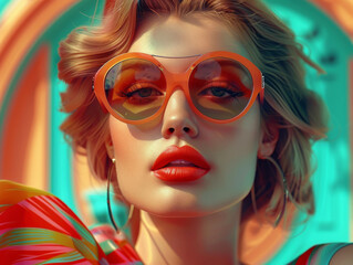 Obraz premium Retro style pastel colors summer background. Fashion woman wearing big sunglasses.