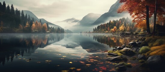 Autumn lake with cloudy sky and dark background providing a serene setting, ideal for a copy space image.