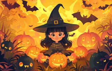 A cute little girl dressed as a witch with black hair and big eyes, wearing a hat, sits on top of pumpkins smiling. She is surrounded by Halloween pumpkin lanterns and bats in the background.