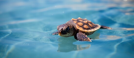 Image showing a baby turtle hatchery located in Kalimantan with empty space for text. Copy space image. Place for adding text and design
