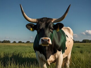A regal cow with shimmering green horns, standing in a field of emerald grass under a bright blue sky.

