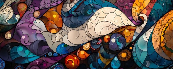 Abstract Stained Glass Artwork With Swirls And Orbs