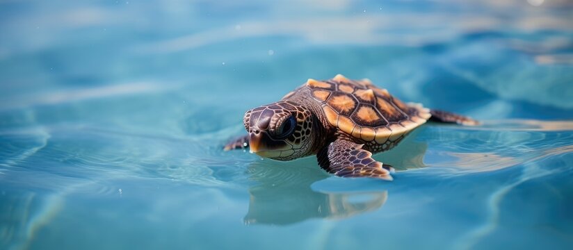 Image showing a baby turtle hatchery located in Kalimantan with empty space for text. Copy space image. Place for adding text and design