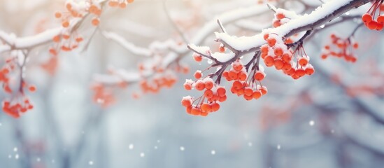 A high-quality photo showing red berries on tree branches in a winter garden with copy space image available.
