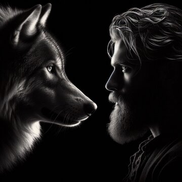 Face to face between a wolf and a man Isolated on black background back light