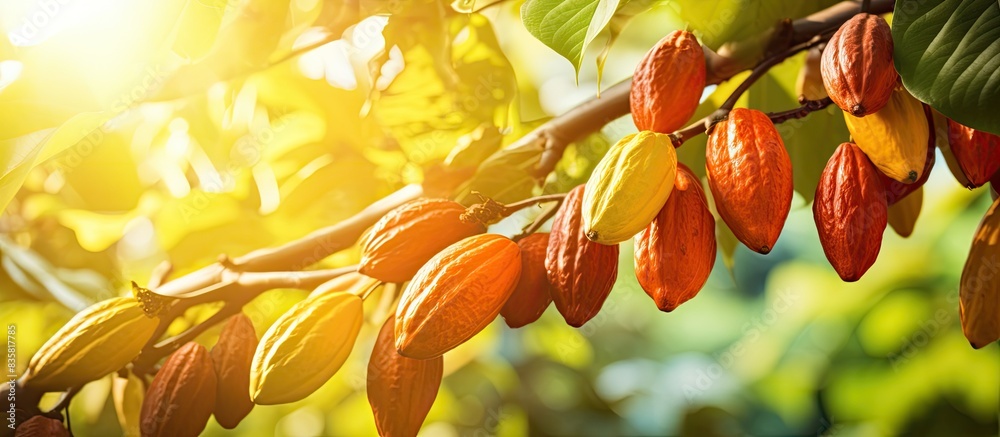 Wall mural orange cacao pod group on a leafy green tree backdrop with copy space image.