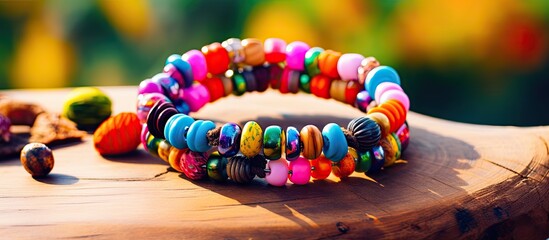 Young girl creating handmade jewelry, threading colorful beads on string, in a charming scene with copy space image.