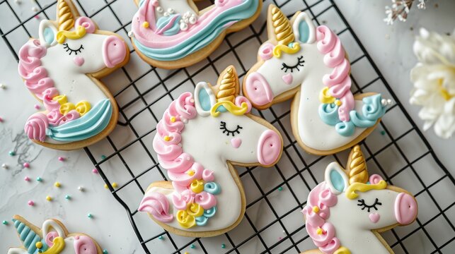 Decorating unicorn cookies with royal icing on a rack to dry