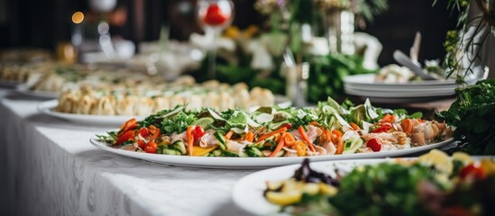 A waiter's hands prepare food at a restaurant buffet table with copy space image.