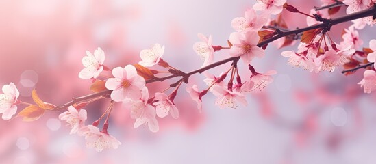 Beautiful pink cherry blossoms blooming in spring against a natural garden backdrop with blue, yellow, and white bokeh, perfect for a copy space image.