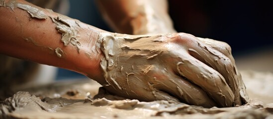 Potter crafts hand-made ceramics in a workshop creating DIY products from clay with a close-up image of hands shaping a clay bowl in a pottery class with copy space image.