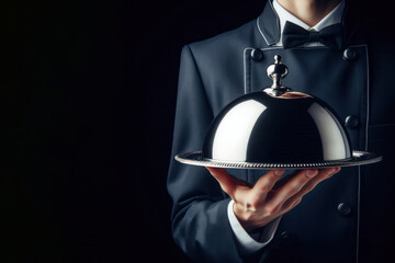 hand of waiter or chef, holding a metal domed tray Isolated