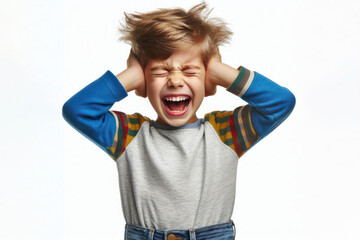 kid with eyes closed, screaming while covering his ears Isolated on white background