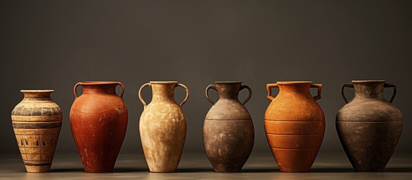 Ancient terracotta jugs isolated on a white background with copy space image for old clay vases.