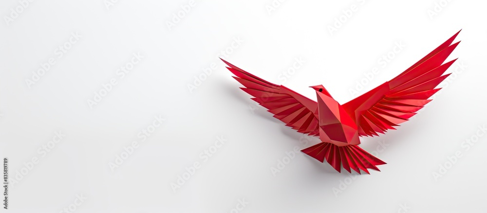 Wall mural a red paper origami dove is displayed on a white backdrop with copy space image.
