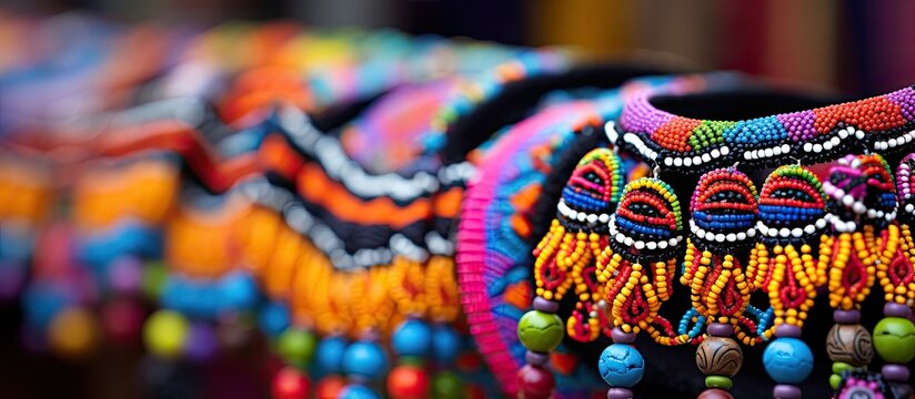 Mexican handicrafts featuring intricate chaquira beadwork in various colors, perfect for a copy space image.