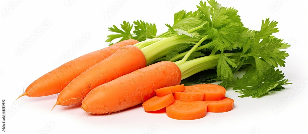 Wall mural carrots and sliced pieces on a white background for package design with copy space image.