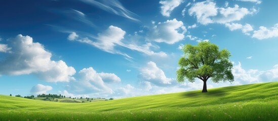 Solitary tree standing in a field, beneath a vivid blue sky on a sunny summer day, with space for a design or text in the picture. Copy space image. Place for adding text and design