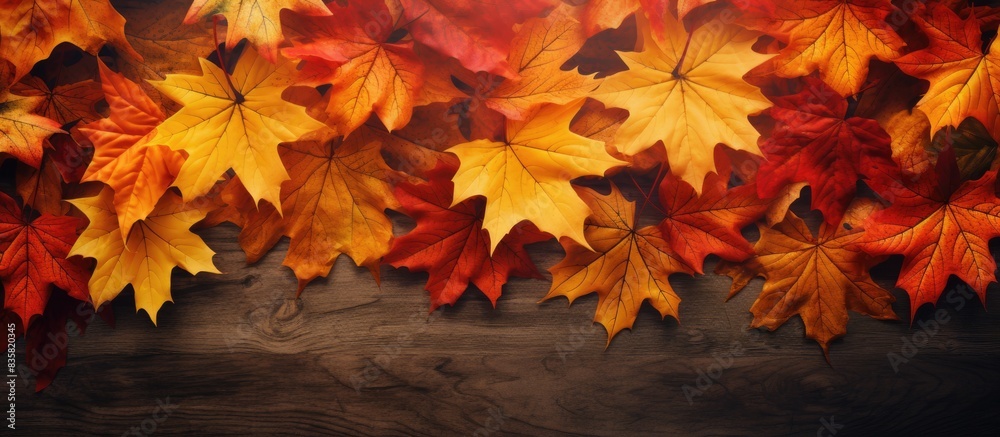 Wall mural flat lay of orange maple leaves on a red backdrop with a copy space image.