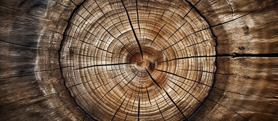Detailed close-up of the end grain on the cut surface of an old wooden oak tree trunk showcasing warm dark brown and orange tones and a rough organic texture, ideal as a copy space image.