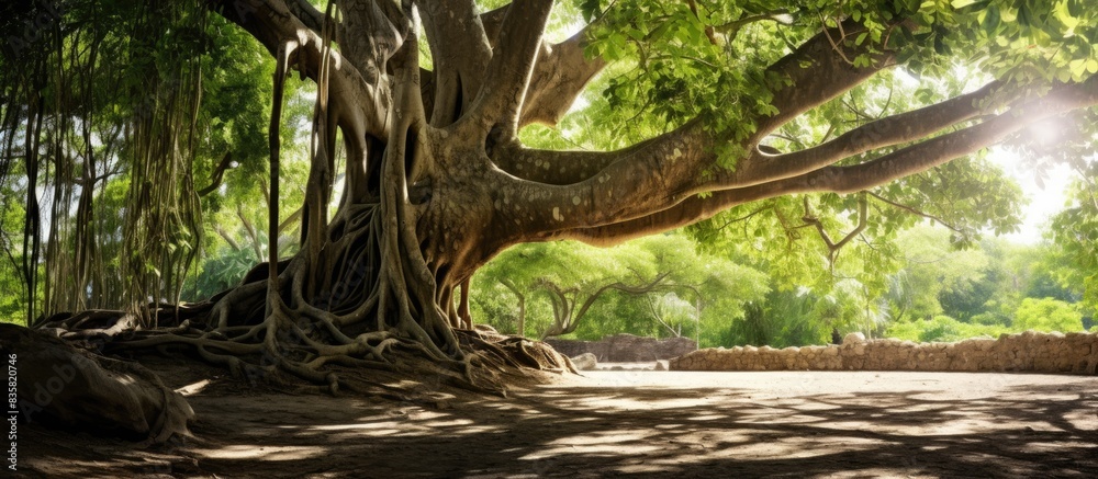 Poster large bodhi tree with long roots isolated on a white background, creating a striking copy space imag